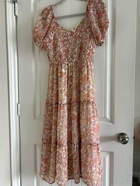 Sincerely Jules Floral Smocked Midi Dress in Cream and Peach